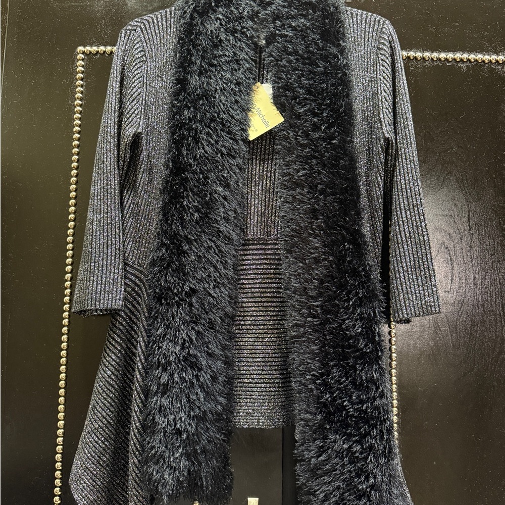 Lauren Michelle Black and Gray Cardigan Sweater faux fur very elegant